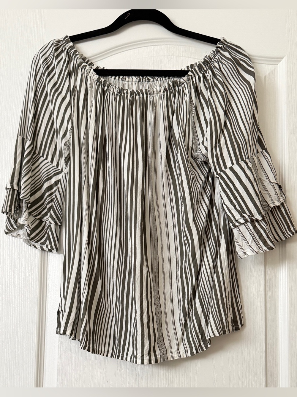 LASCANA for VENUS Striped Ruffle Sleeve Blouse Black White Off Shoulder Boho M